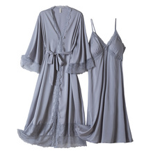 2024年春夏季新款性感睡衣女加长款蕾丝边吊带睡裙睡袍两件套纯色