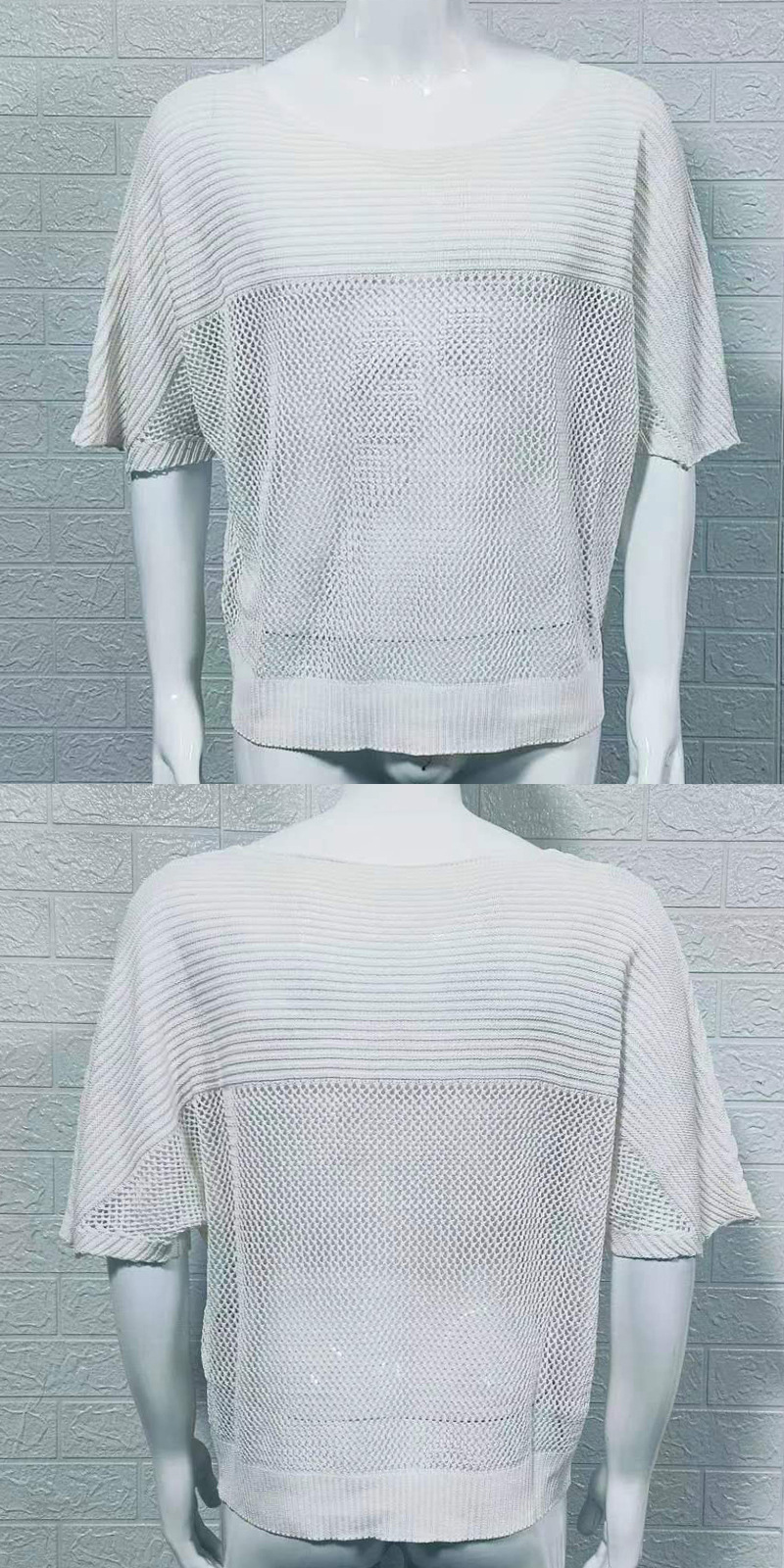 Dünner hohler Strickpullover mit Rundhalsausschnitt und kurzen Ärmeln, Pullover, Oberteil, Sommer, Slim Fit, Herrenbekleidung_voghion.com