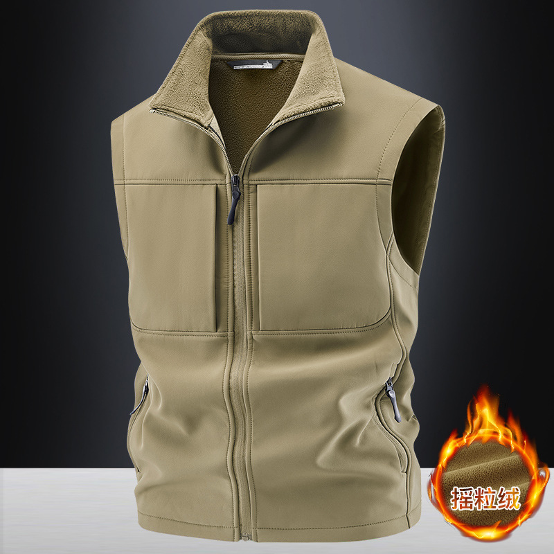 Cross-Border Velvet Soft Shell Vest Men's Polar Fleece Stand-Up Collar Multi-Pocket Top Live Broadcast Group Purchase Outdoor Casual Jacket