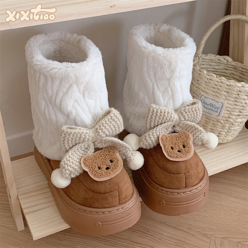Ins Korean Style Bow Height Increasing Medium Tube Mao Mao Snow Boots Winter Women's Cute Bear Comfortable Outdoor Cotton Shoes