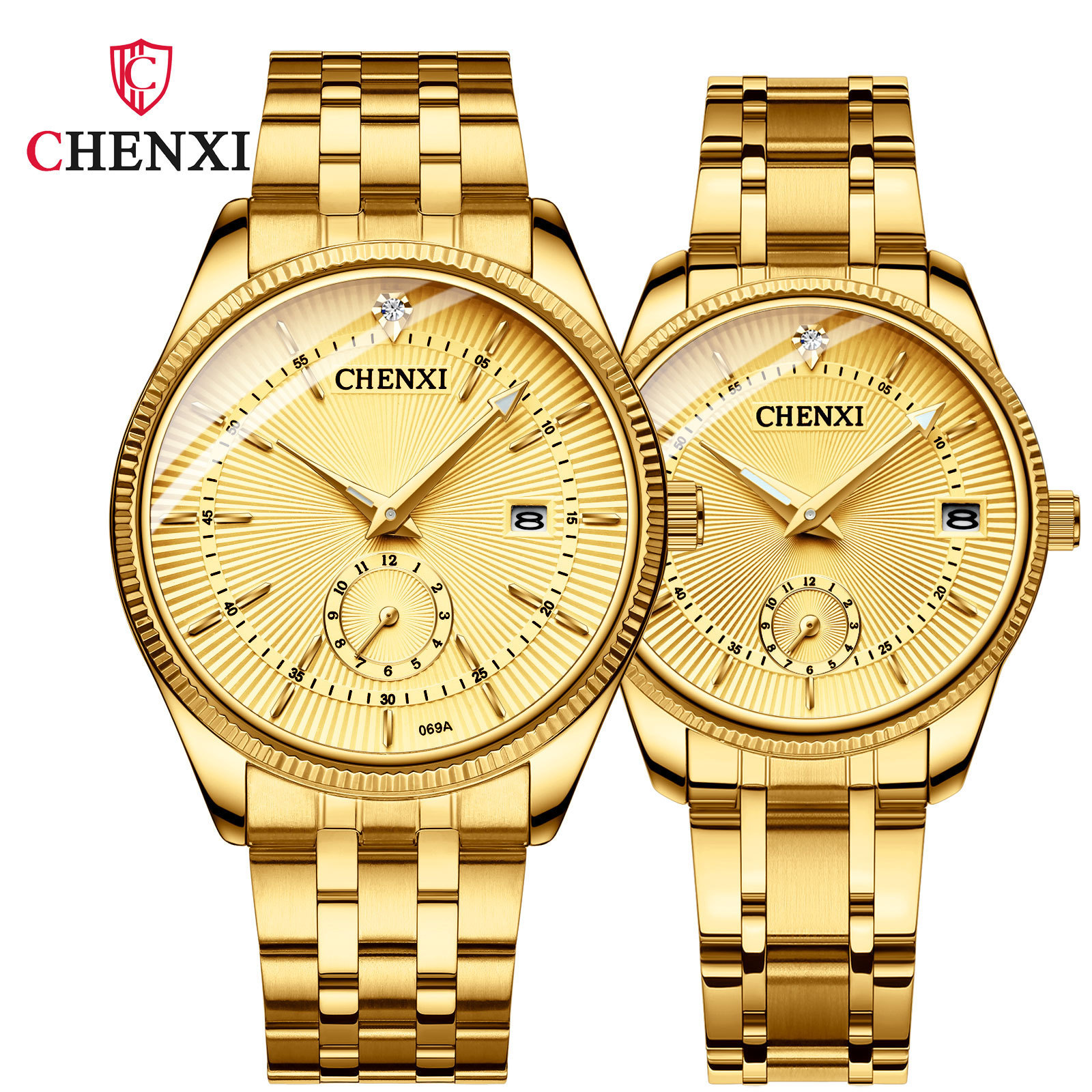 CHENXI Dawn Brand Watch Cross-border Men's and Women's Watch Waterproof Calendar Gold Watch Couple's Quartz Watch Steel Band Watch 069A