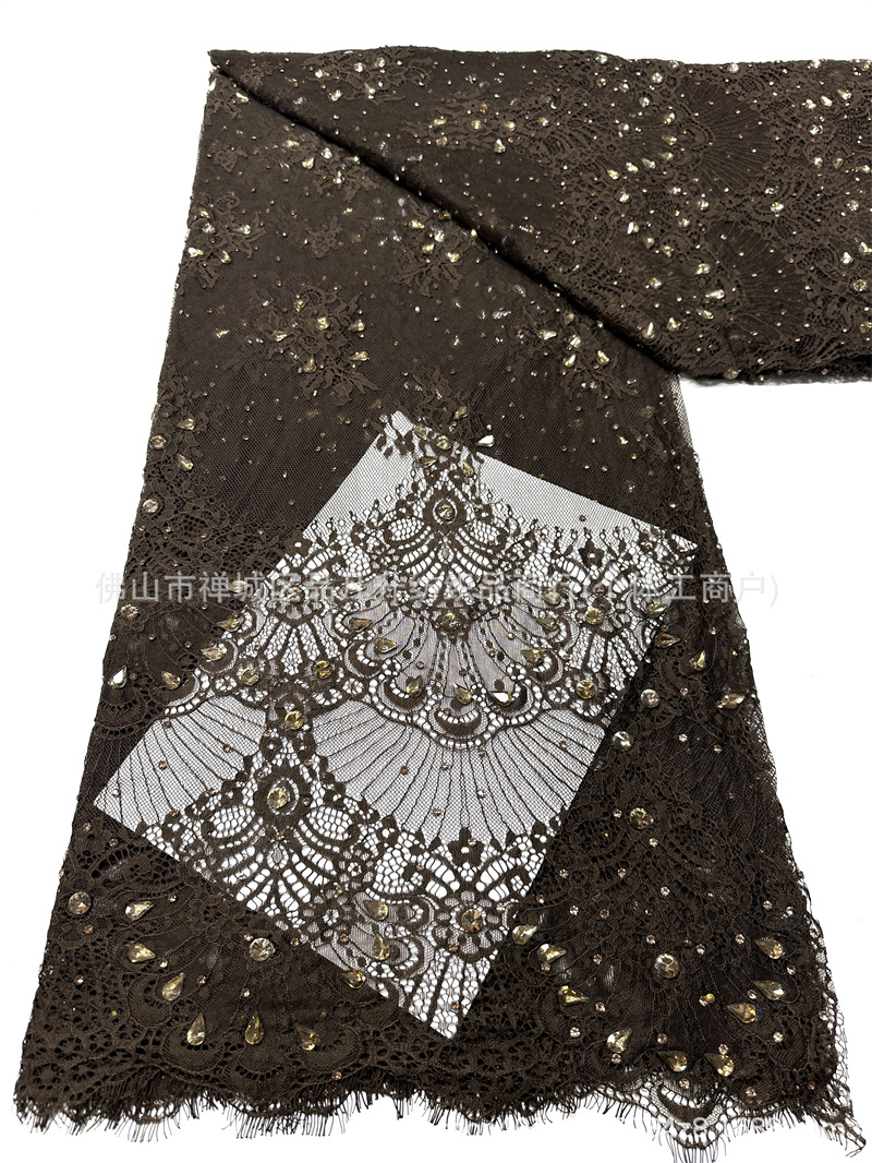 Tejido de encaje retro francés bordado rosa claro tela de malla de perlas de clavos vestido de boda