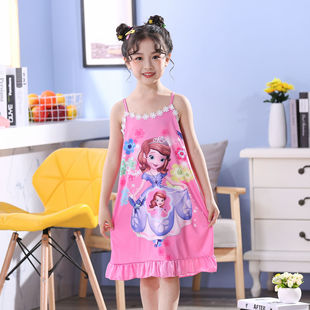 Girls' Pajamas Summer Thin Sling Nightgown Children's Skirt Baby Cartoon Little Girl's Home Clothes Summer Outer Wear