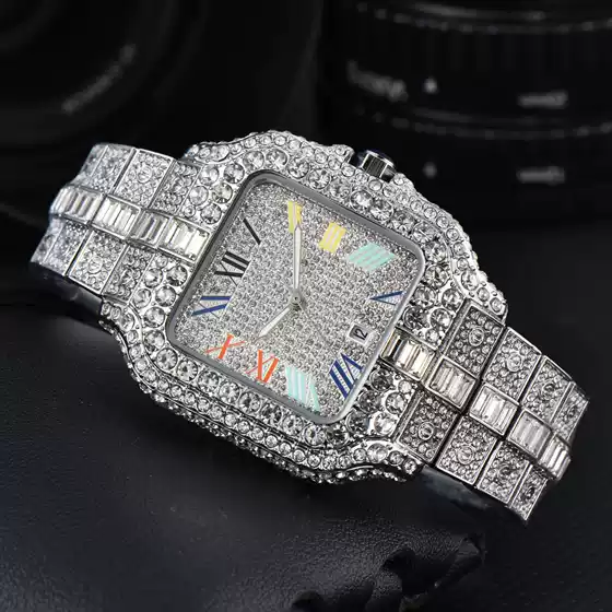 2024 New Men's Watch Square Fashion Trend Full Diamond Watch Three Pointer Quartz Watch Manufacturer Wholesale