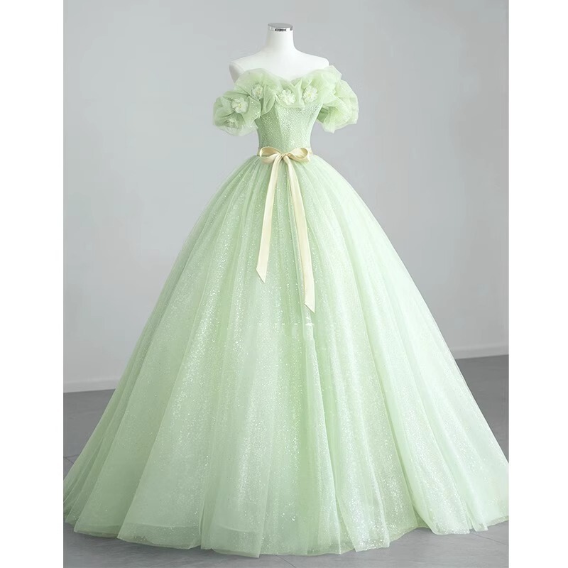 Green One-Shoulder Evening Dress with a Forest Fairy Style, High-End Feel, Puffy Skirt, Suitable for Coming-Of-Age Ceremony, Birthday Party, Long Gown