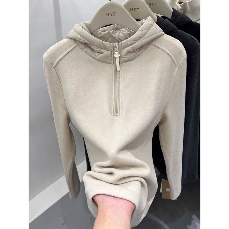 Half Zipper Solid Color Hooded Sweater Women's Fleece Base Shirt Autumn and Winter New Design Sense Long Sleeve Top Warm Hoodie