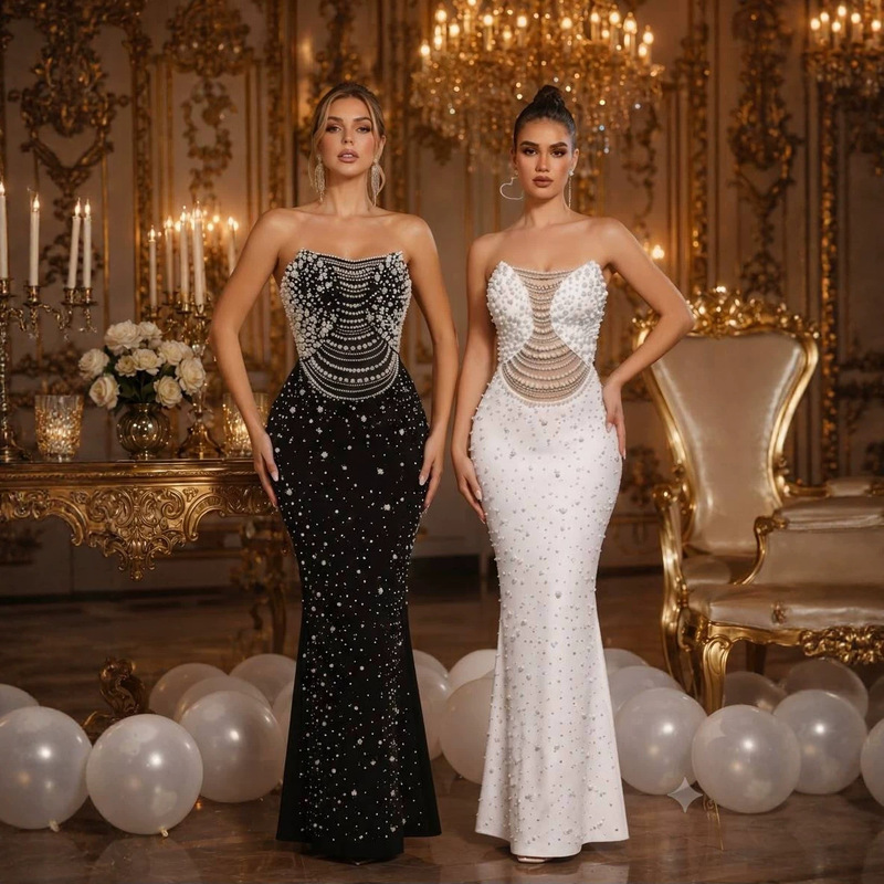 European and American New Style Strapless Beaded Rhinestone Pure White Heavy-Duty Mermaid Bandage Evening Dress Elegant Temperament Banquet Gown European and American New Style Strapless Beaded Rhinestone Pure White Heavy-Duty Mermaid Bandage Evening Dress Elegant Temperament Banquet Gown