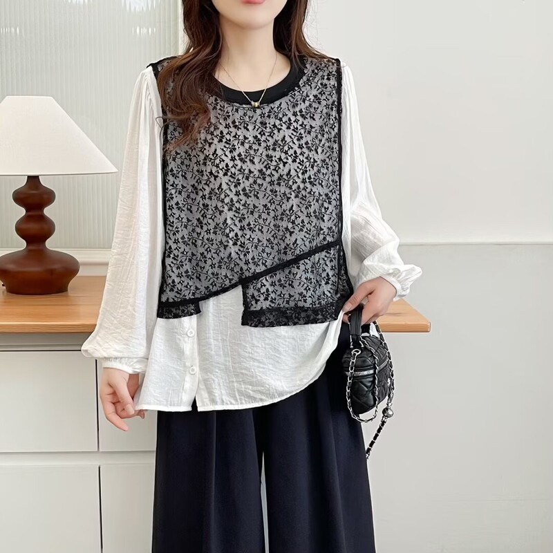 Plus-Size Women's Spring Round-Neck Color-Block Shirt with Lace Patchwork, Faux Two-Piece Long and Short Sleeve Design, Slimming Top Plus-Size Women's Spring Round-Neck Color-Block Shirt with Lace Patchwork, Faux Two-Piece Long and Short Sleeve Design, Slimming Top