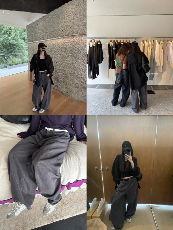 superniniyy 炒色工艺灰色宽松显瘦高腰阔腿裤休闲裤香蕉牛仔裤女|undefined