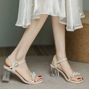 Women's Summer 2024 Sandals New Arrival French Elegant Socialite Transparent Rhinestone All-Match Fashionable Not Tired Feet High Heels
