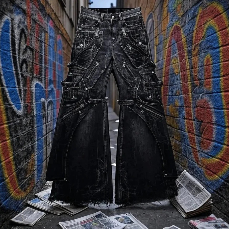Streetwear Gothic Punk Multi-Pocket Cargo Jeans Men's Black Distressed Flared Jeans with Zipper