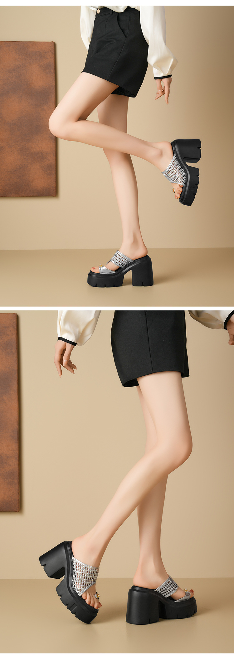 Dép sandal cao gót nữ quai ngang đan gót thô 12 cm đế tăng chiều cao — Màu đen, Màu vàng nhạt, Màu trắng, Màu bạc chi tiết 13