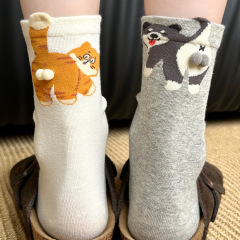 人気の猫の卵ソックス女性用、かわいい漫画の抽象的な面白いミッドカーフソックス、綿の吸汗性と通気性のある諸吉ソックス