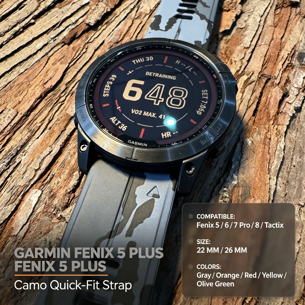 战术风迷彩户外硅橡胶快拆表带适用GARMIN佳明fenix5/6/7/8泰铁时