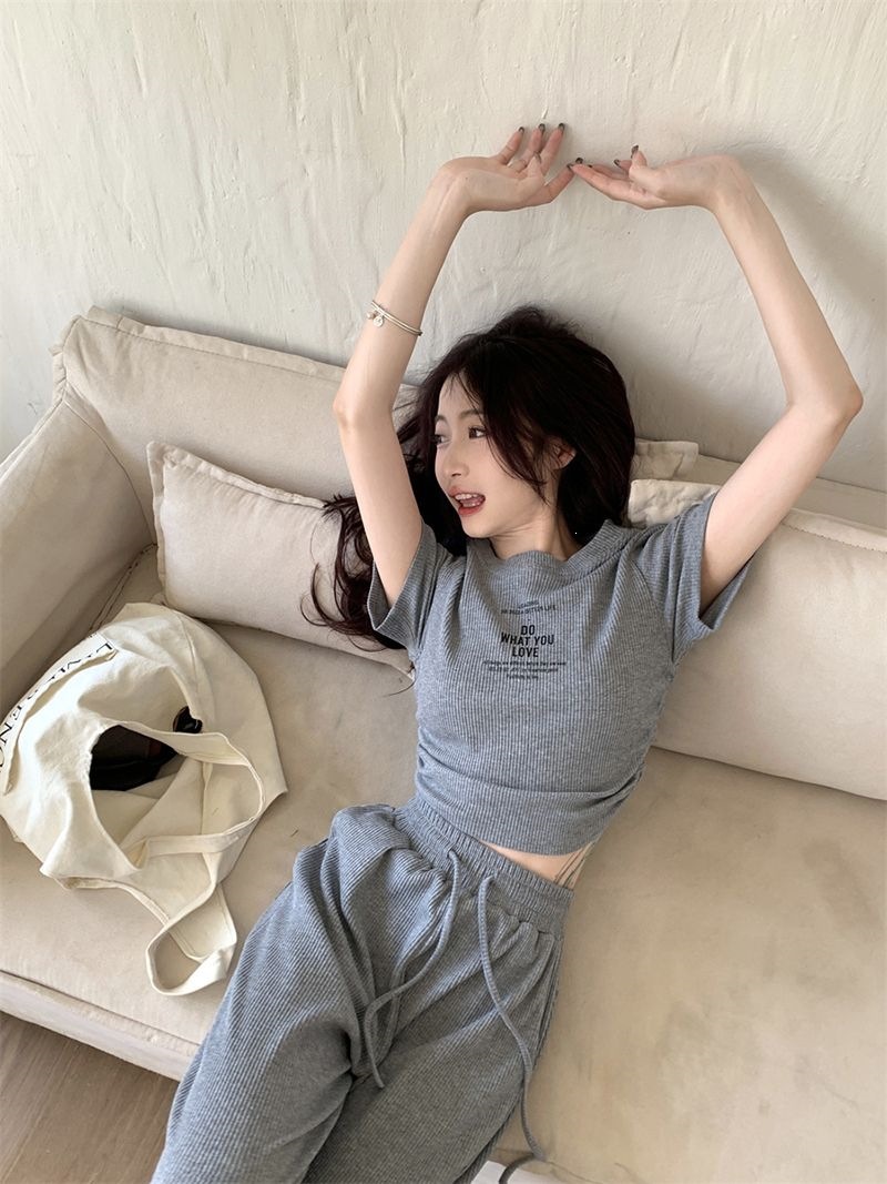 Women's Clothing Style Women's Two Piece Set Casual Gray Summer Top And Wide Leg Trousers Drawstring Tie Short Sleeved Outfit_ecoleips.com
