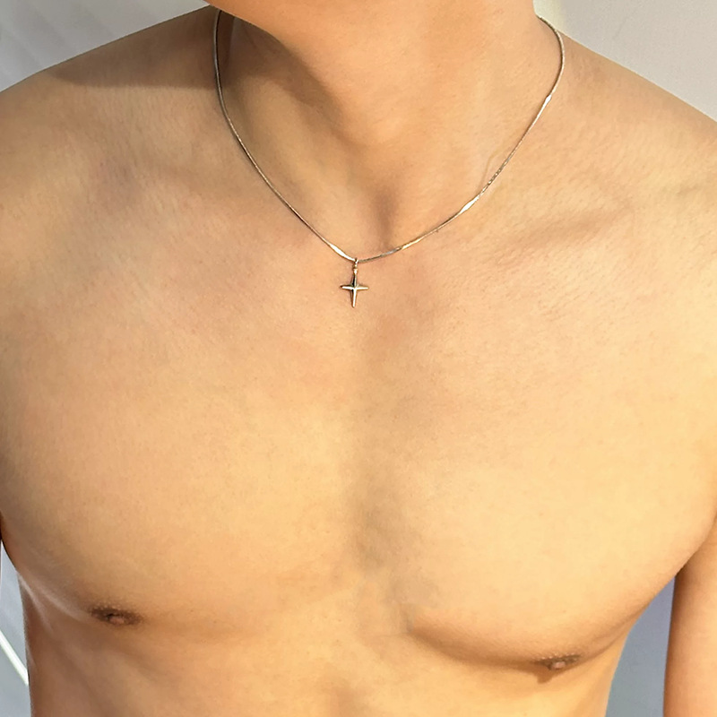 Men's Cross Necklace With Star Pendant And Snake Bone Chain_voghion.com