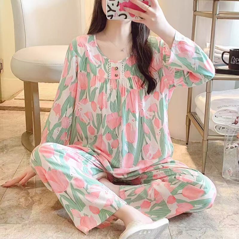 Women's Summer Long-Sleeved Pajama Set, Home Short-Sleeved Cotton Silk Loungewear, Maternity Wear, Factory Direct Delivery, Breathable for Summer