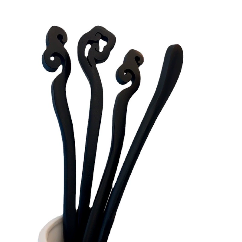 Chinese-style Hairpin, Ebony Sandalwood, 20 cm, Modern Elegant Floral Design