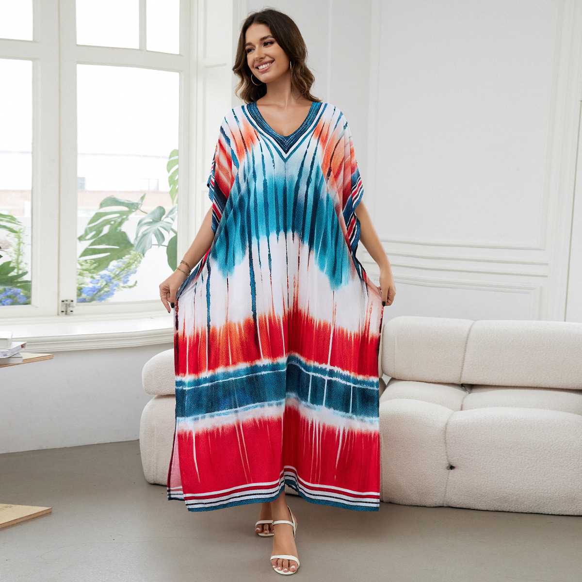 Rochie de plajă lungă kimono dama boho viscoză tie-dye_voghion.com
