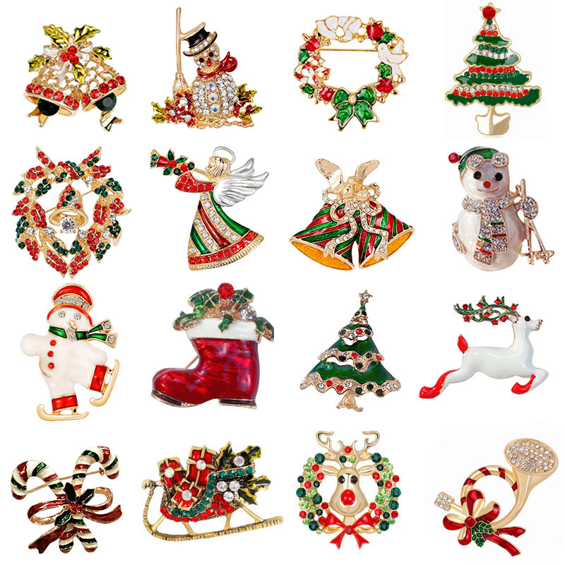 Christmas Brooch Crutches Elk Snowflake Snowman Christmas Tree Wreath Bell Boots Pin Corsage Hot Sale display picture 2