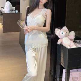 新款睡衣女夏季冰丝纯欲风性感掐腰显瘦V领蕾丝边吊带胸垫家居服
