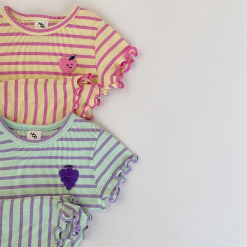 Korean style infant and toddler striped fungus set with grape fruit round neck for walking, comfortable and versatile two-piece set