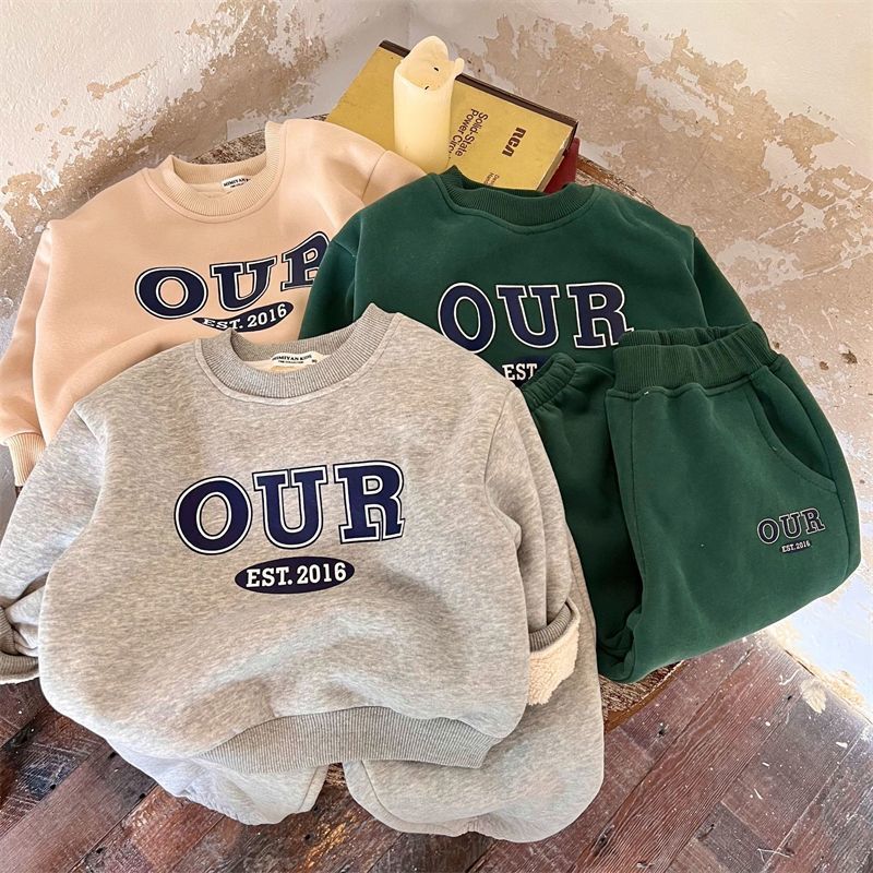 Kid's Clothing Spring And Autumn And Winter Boys And Girls Printed Letters Warm Tide Treasure Plus Velvet Thickened Our Sweatshirt Suit_voghion.com