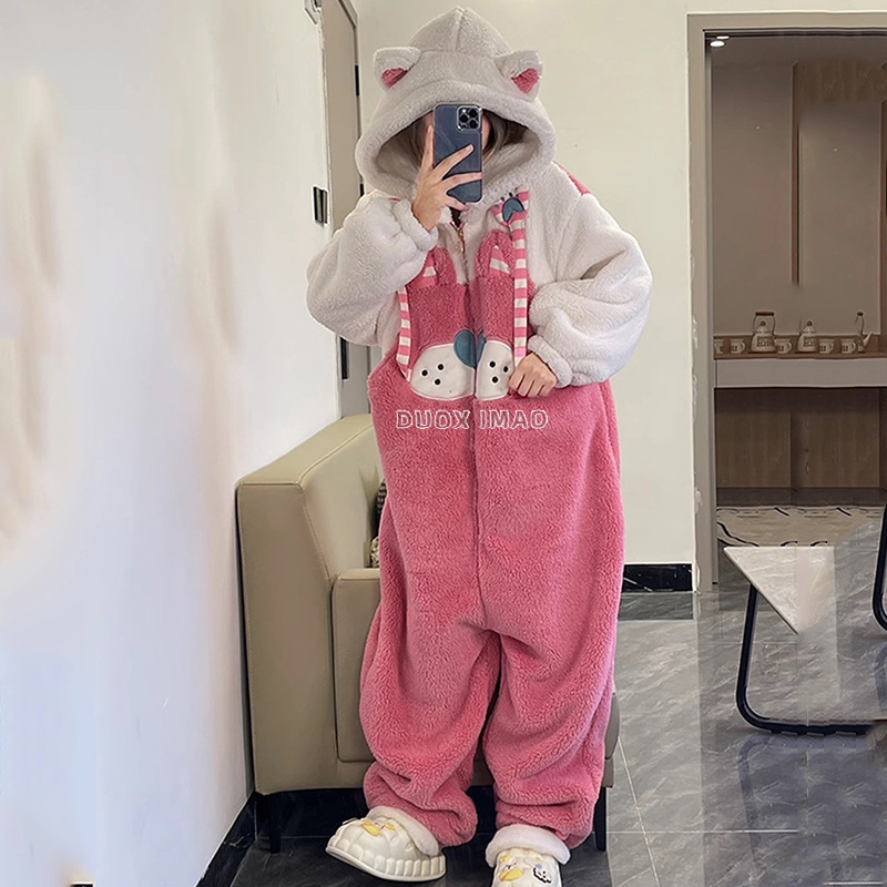 かわいい子猫コーラルベルベット長袖ワンピースパジャマ女性のための秋と冬 2025 新しい厚みのあるベルベット暖かいホーム服|undefined