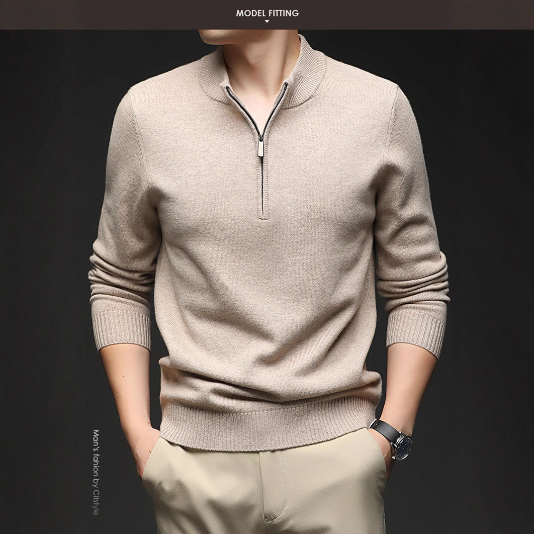 Nuevo delgado otoño y invierno semia cremallera suéter de manga larga casual overhead casual de color sólido overhead de lana camiseta de punto de hombre