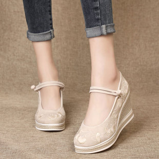 Spring and Summer New Ethnic Style Old Beijing Cloth Shoes Wedge Heel with Han Dynasty Shoes Ancient Style Embroidered Shoes Ancient Costume High Heels