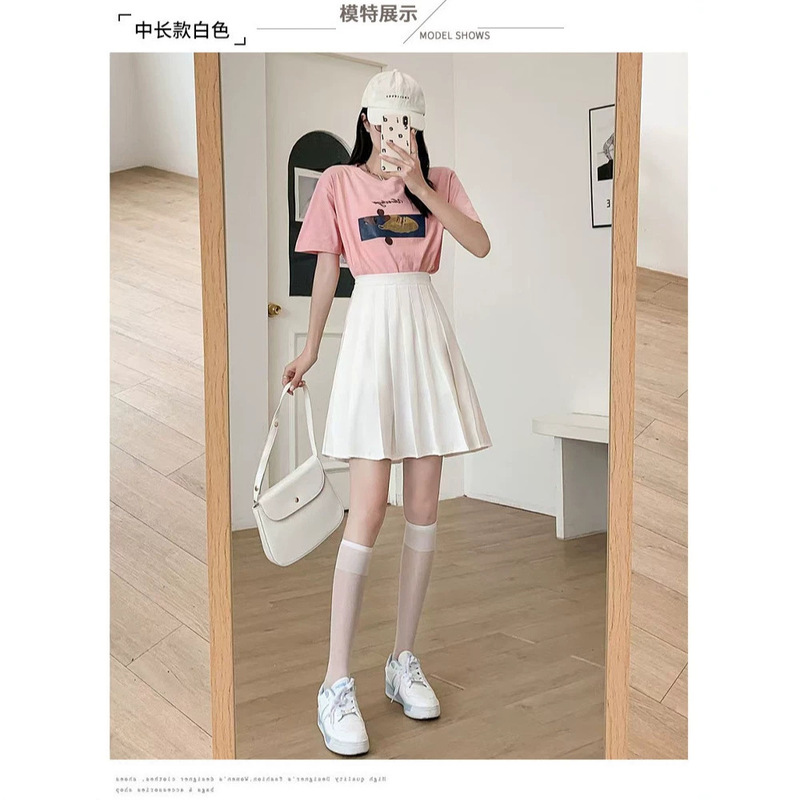 Extended Pleated Skirt 48cm Anti-Exposure High-Waisted Plus Size A-Line Black and White Petite Jk Short Skirt Extended Pleated Skirt 48cm Anti-Exposure High-Waisted Plus Size A-Line Black and White Petite Jk Short Skirt