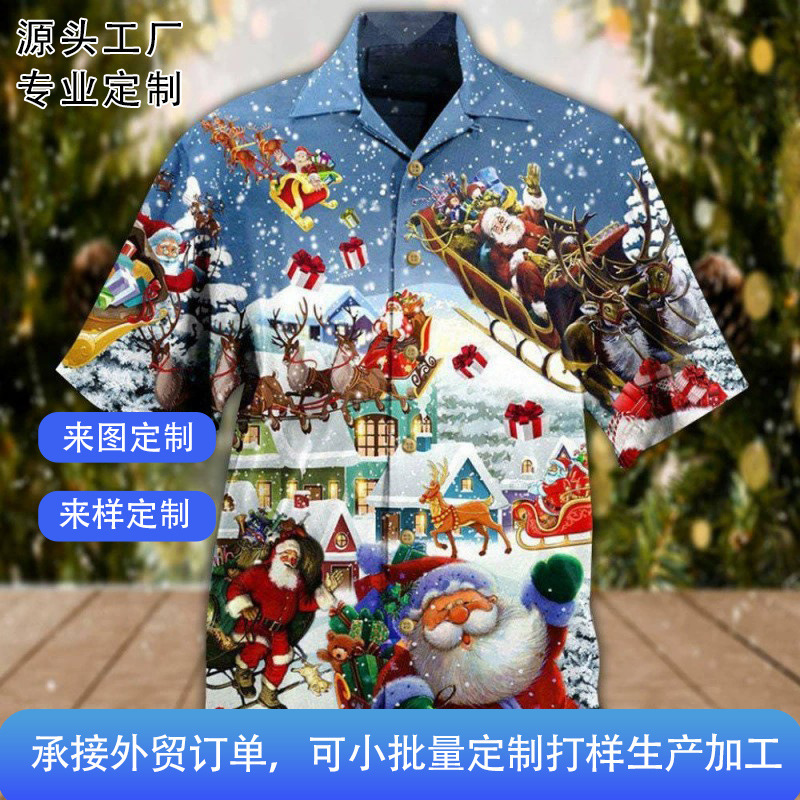 Hot-Selling Independent Website Cross-Border 3D Digital Print Men's Personalized Christmas Element Short-Sleeve Versatile Collared Shirt