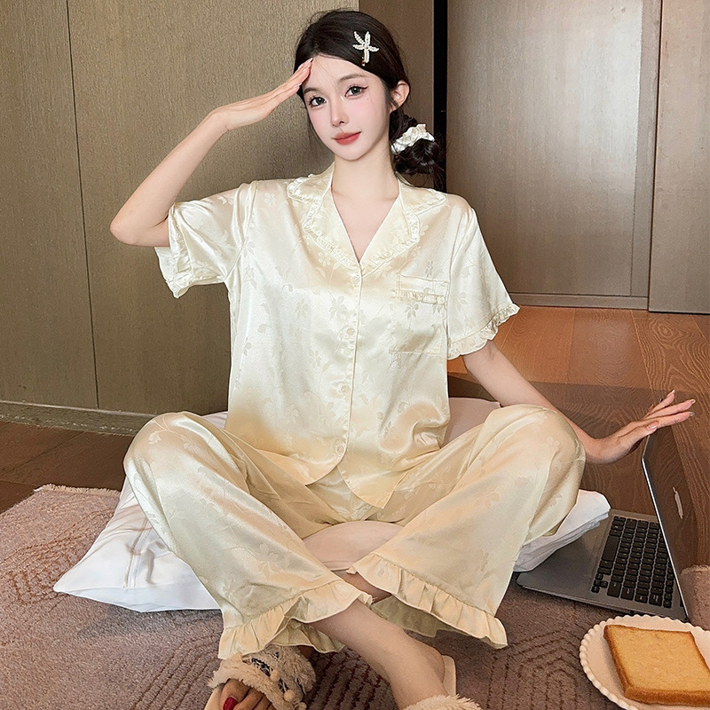 高颜值轻奢ins气质冰丝睡衣女春秋薄款长袖长裤家居服两件套批发|undefined