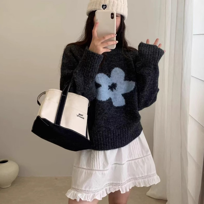 花朵毛衣套头女秋冬季新款韩系软糯宽松外穿短款百搭针织衫上衣|undefined