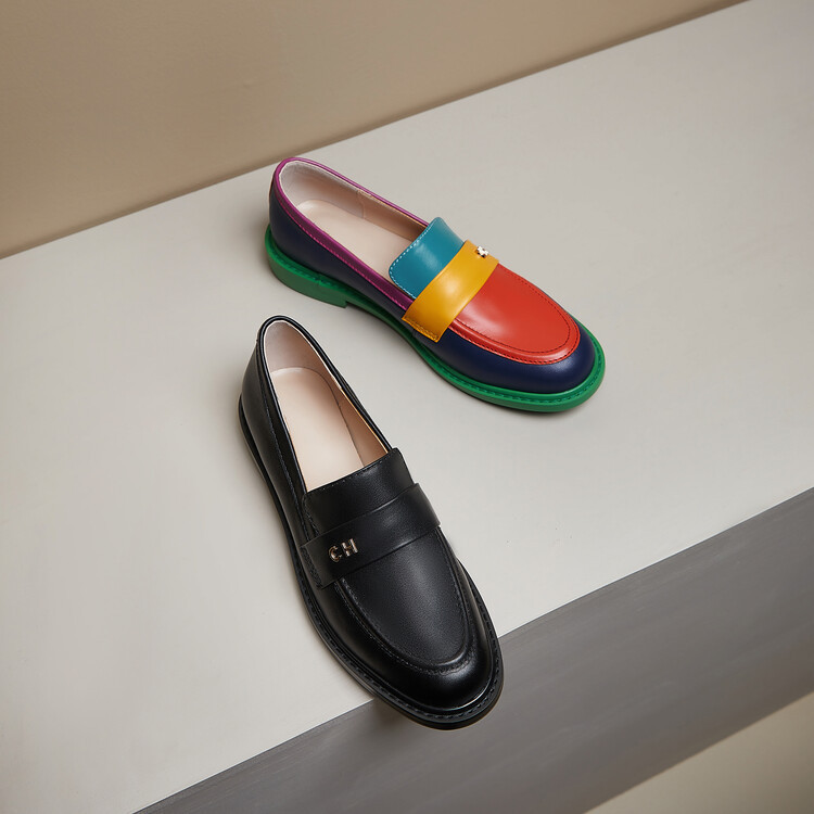 Full Leather Square Heel Round Toe Deep Mouth Flats Cowhide European and Korean Fashion Casual Thick-Soled Small Leather Shoes Loafers Rainbow