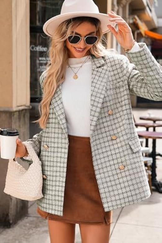 Women's Tweed Blazer Jacket Double Breasted Plaid Workwear_voghion.com