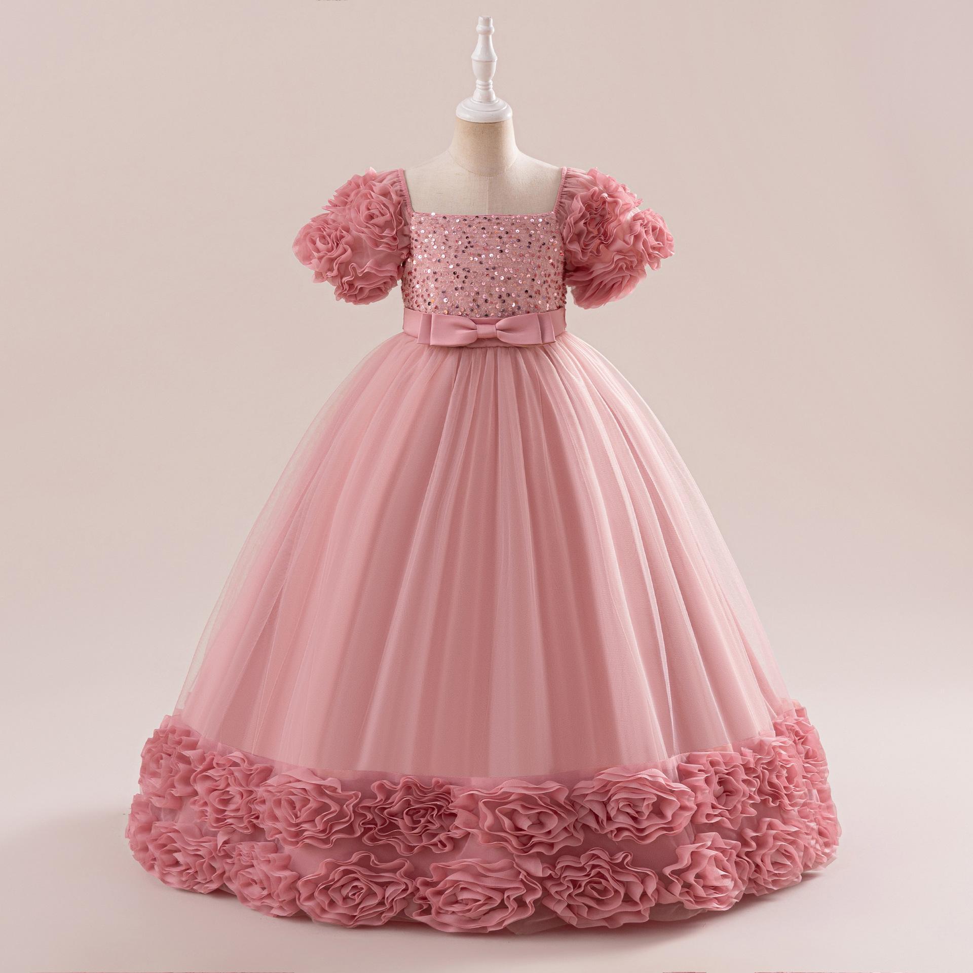 Amazon vestido de princesa de niña vestido de anfitrión vestido de malla rosa vestido de manga de burbuja vestido de sequilla