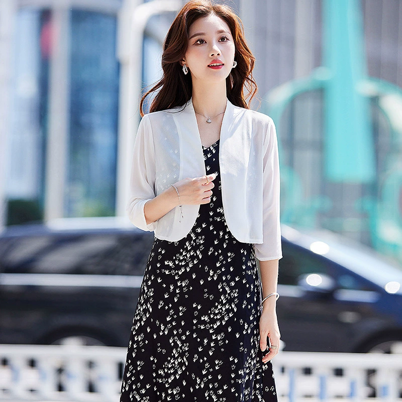 Шифоновая короткая куртка для женщин 2025 лето новая большая размер кардиган тонкая талия маленькая шаль жилет юбка верхняя тонкая