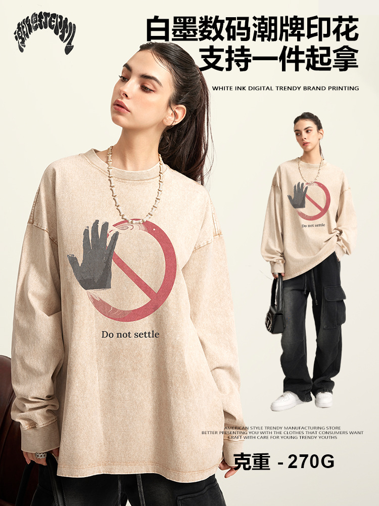 Impresora de marcas| 2025 primavera y otoño versión suelta de algodón retro lavado en agua mangas largas no toque impresión digital camiseta hombre
