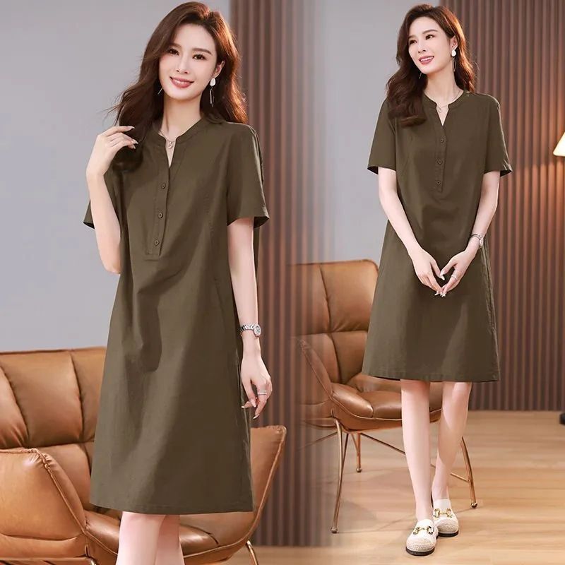 Summer plus size Belly-covering Slimming Mist-length Shirt dress Women's All-match Fashionable chubby girl Casual Mother Skirt