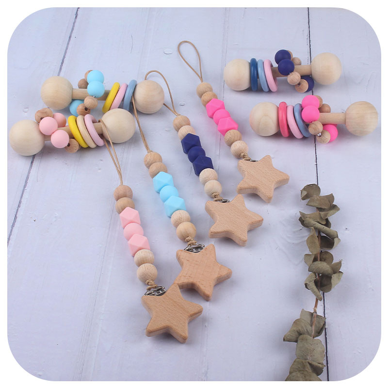 Creativo nuevo bebé suministros de madera niños jugar sonajero herramientas mordedor bebé ejercicio interactivo cuentas de silicona chupete cadena