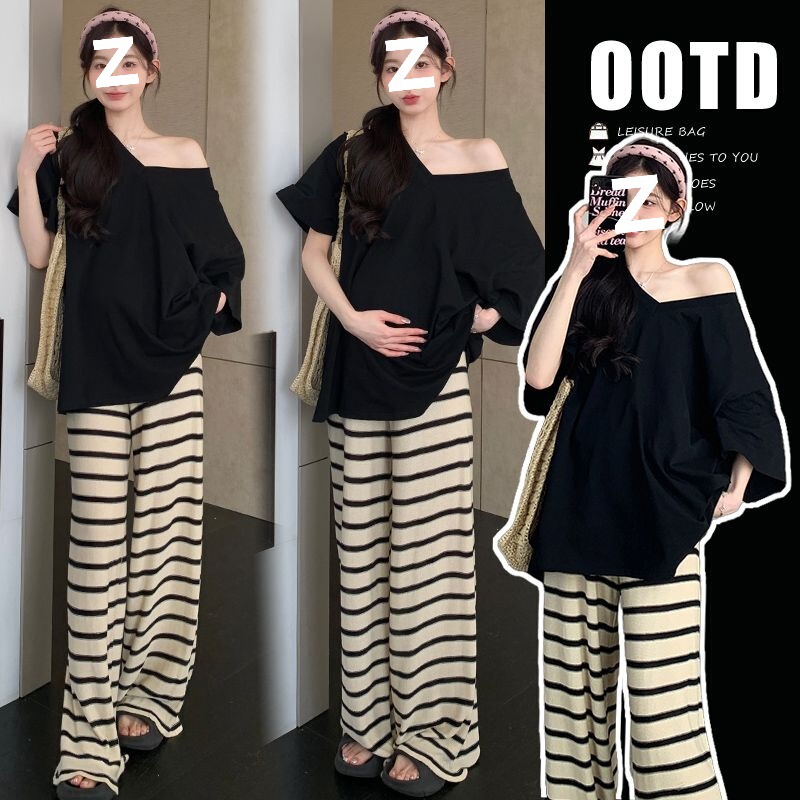 Maternity Summer Outfit Set Fashion T-Shirt Wide-Leg Pants Loose Slimming Striped French Style Two-Piece Set Trendy