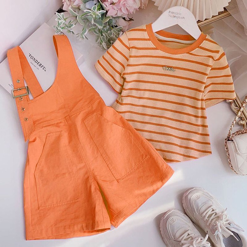 Hottest Trendy Girl's Summer Set 2024 New Children Striped Short Sleeve Girl's Stylish Overalls Two-Piece Set