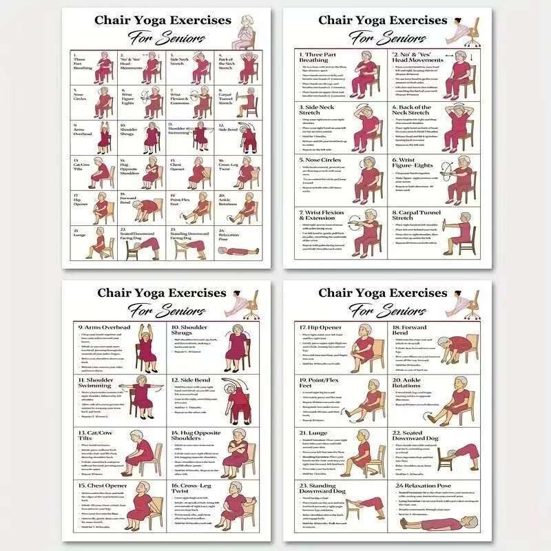 New 4-Piece Set of Elderly Chair Yoga Poster Guide 8x10inch Planner Decoration Wholesale Fitness Inspiration/