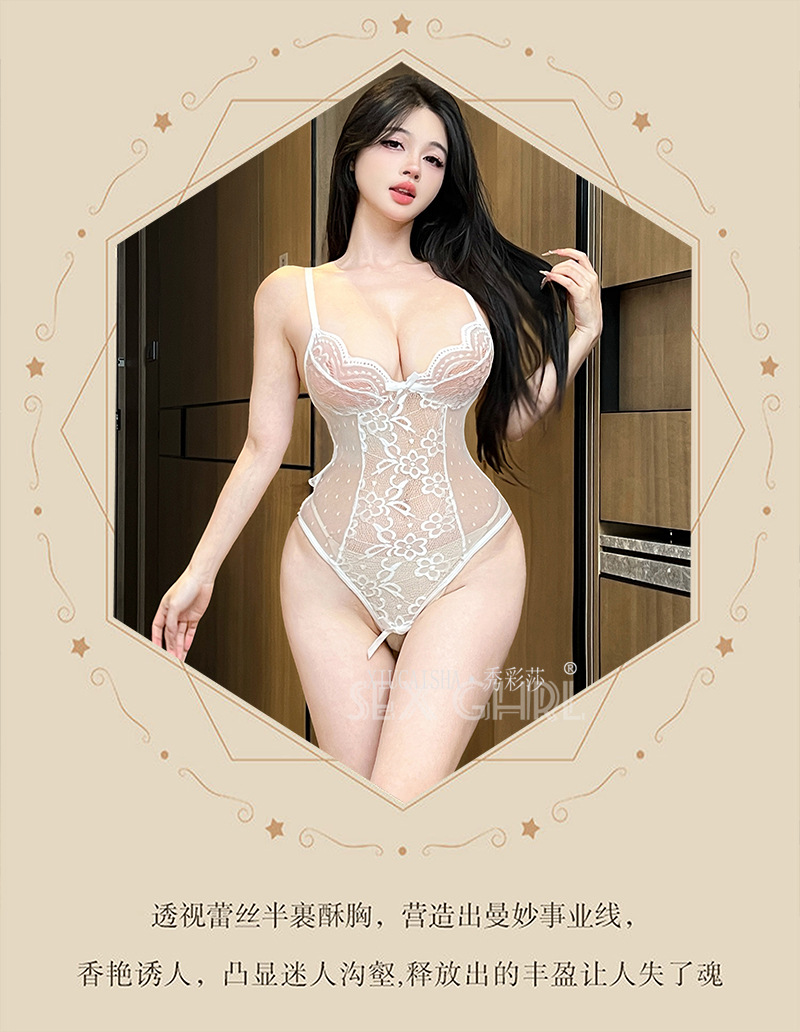 Lace See-Through Jumpsuit Lingerie, Deep V Open-Crotch Red Bodysuit with Black Stockings, One Size — detail image 15