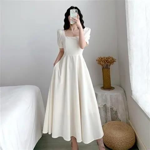 Spring and Summer 2026 New Girls' Dress with Waist-Cinching Design, Slimming Effect, Puff Sleeves, Square Neck, Fresh and Youthful Style, Long Dress for Women