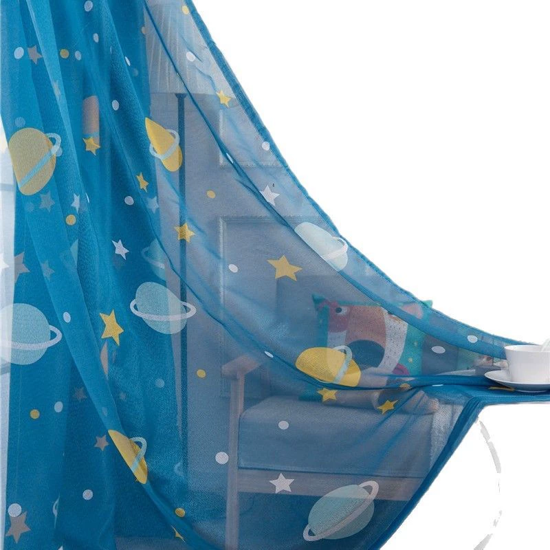 Curtain Fabric Blue Planet Print, Black-silk Blackout, Printed Per Meter for Living Room & Bedroom
