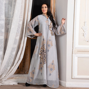 Ab104 Muslim Summer Women's Dress Embroidered Sequin Robe Middle East Dubai Evening Dress Abaya