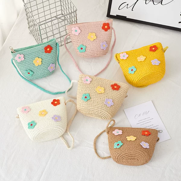 Summer New Children's Bag, Straw Woven Floral Holiday Bag for Girls, Beach Zipper Cute Small Crossbody Bag for Babies