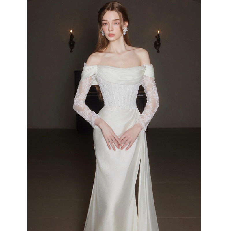 French Off-Shoulder Light Lace 2025 New White Slimming Small Train Bride Wedding Reception Dress_voghion.com